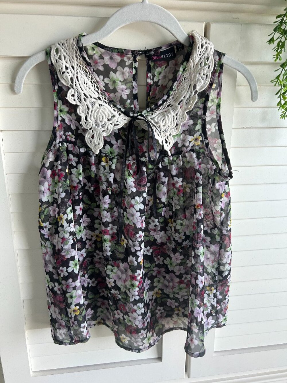 Ultra Flirt Sheer Black Floral Print with Lace Collar Tank Top
